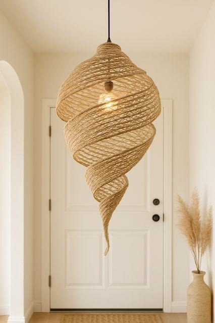 Handwoven Spiral Rattan Pendant Light – Boho Ceiling Lamp Shade
